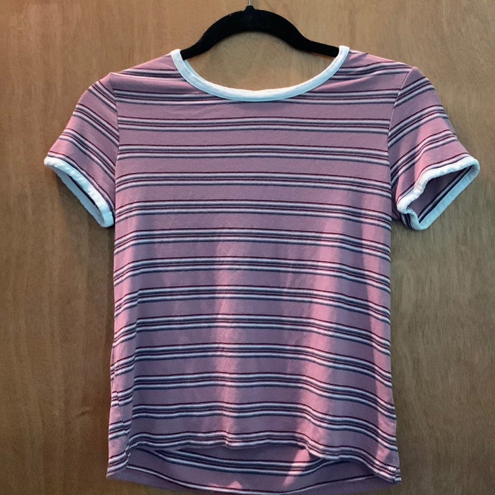 Lavender top with burgundy, black,grey and white strips